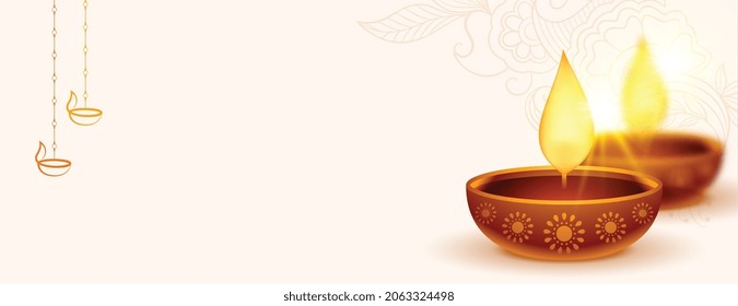happy diwali realistic banner with diya design