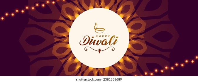 banner religioso feliz de diwali con diseño de festón claro. Traducción: Feliz Diwali significa festival de luces