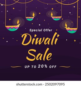 Happy Diwali Sale with Amazing background Design and discount up to 20%. Special Offer. Vector Illustration. Deepawali Sale.