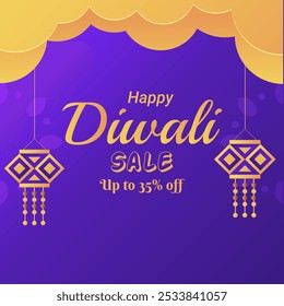 Banner de Venda Feliz Diwali com até 35% de desconto. Oferta exclusiva. Vetor de Ilustração. Feliz Deepawali. Linda nuvem e Jhalar. 