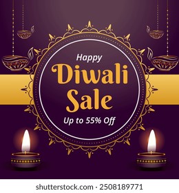 Happy Diwali Sale Banner with up to 55% off. Deepawali Sale. Vector Illustration. Hanging Diya Design. 