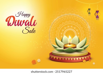 Happy Diwali Sale  Banner With Flower Shaped Diya And Hanging Paper Lantern Lights On Yellow Background. Festival of Lights Concept.