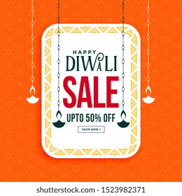 happy diwali sale banner with hanging diya design