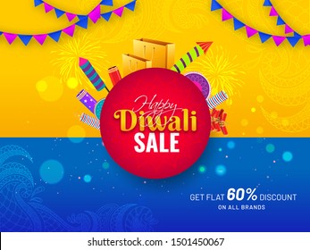 Happy Diwali Sale banner or poster design with firecrackers, shopping bag and 60% discount offer on yellow and blue lighting effect floral background.