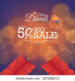 Happy Diwali Sale banner or poster design with firecrackers, 50% discount offer on blurred bokeh background.