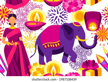 Happy Diwali seamless pattern. Deepavali or dipavali festival of lights.