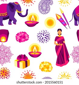 Happy Diwali seamless pattern. Deepavali or dipavali festival of lights.