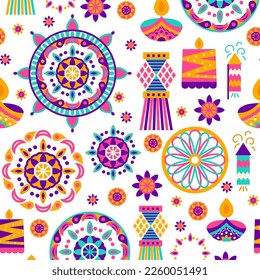 Happy Diwali Seamless Pattern. Vector Illustration of Indian Holiday Celebration.