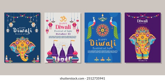 Happy diwali Conjunto de cartões de saudação, cartazes, capas de férias. ilustração vetorial