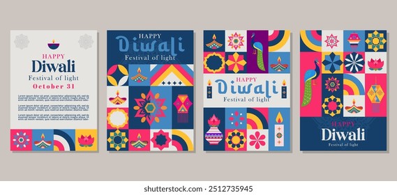 Diwali feliz Conjunto de tarjetas de felicitación, carteles, cubiertas de vacaciones. Ilustración vectorial