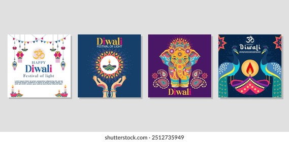 Happy diwali Set of greeting cards, social media post, posters, holiday covers. vector illustration