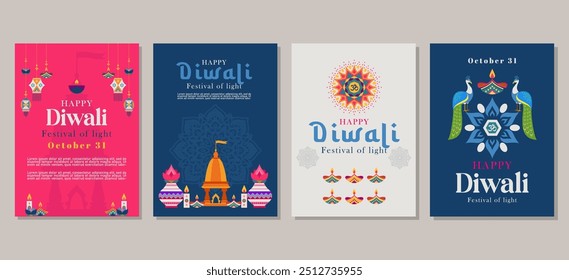 Diwali feliz Conjunto de tarjetas de felicitación, carteles, cubiertas de vacaciones. Ilustración vectorial