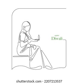 Happy Diwali Single Line Drawing Of Woman Holding Diya