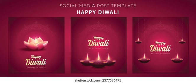 
Happy Diwali Social Media Post Template Collection. Beautiful Diwali Flyer and Greeting Card with Lotus Diya Burning Lamps