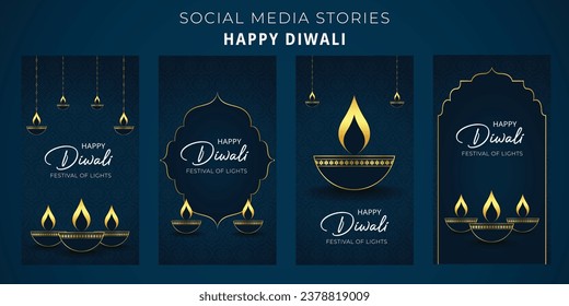 Feliz diwali, publicación en medios sociales con ilustraciones vectoriales del festival hindú diwali.