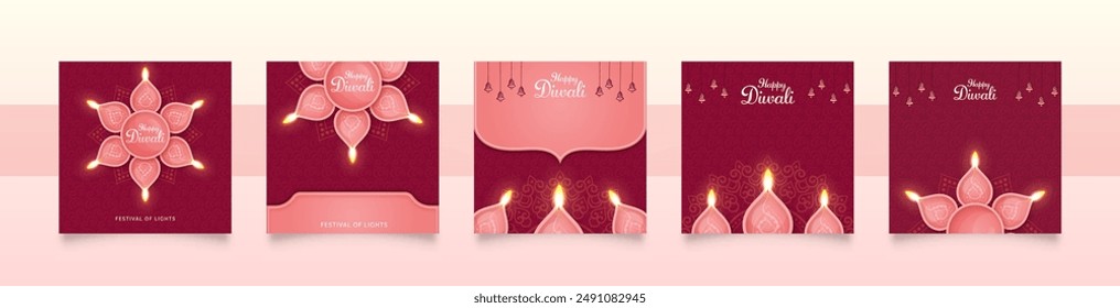 Happy Diwali Social Media Post Template Collection. Beautiful Diwali Flyer and Greeting Card 
 set with Diya Burning Lamps