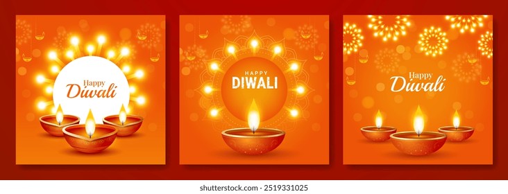 Happy Diwali social media post templates set. Cartão de saudação Diwali definir ilustração vetorial, banner, cartaz, folheto, fundo