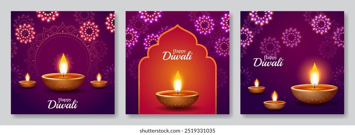 Happy Diwali social media post templates set. Diwali greeting card set vector illustration, banner, poster, flyer, background