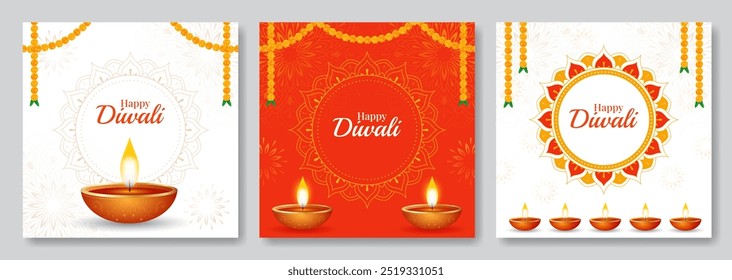 Happy Diwali social media post templates set. Diwali greeting card set vector illustration, banner, poster, flyer, background