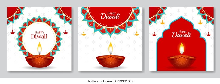 Happy Diwali social media post templates set. Diwali greeting card set vector illustration, banner, poster, flyer, background