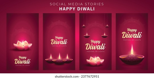 Happy Diwali Social Media Stories Template Collection. Diwali or Deepawali Celebration Poster Design Vector Illustration