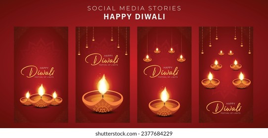 Happy Diwali Social Media Stories Template Collection. Deepawali or Diwali Celebration Poster Design Vector Illustration