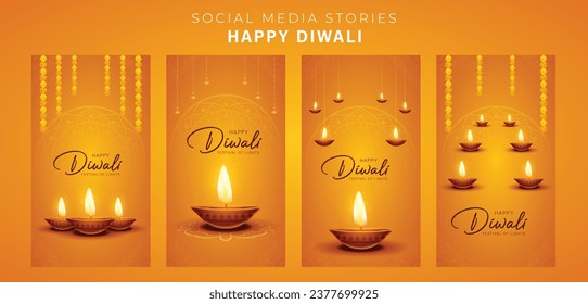 Happy Diwali Social Media Stories Template Collection. Diwali or Deepawali Celebration Poster Design Vector Illustration