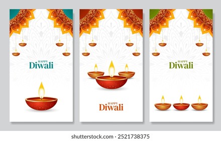 Happy Diwali social media story temlpate set. Diwali festival poster, stories, banner and flyer vector illustration