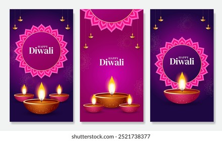 Happy Diwali social media story temlpate set. Diwali festival poster, stories, banner and flyer vector illustration