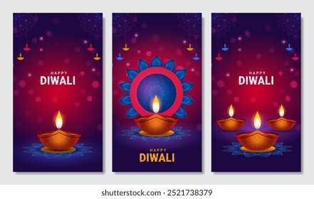 Glückliche Diwali Social-Media-Story-Vorlagen-Set. Diwali Festival Poster, Geschichten, Banner und Flyer, Vektorgrafik