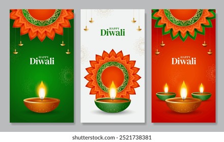 Glückliche Diwali Social-Media-Story-Vorlagen-Set. Diwali Festival Poster, Geschichten, Banner und Flyer, Vektorgrafik