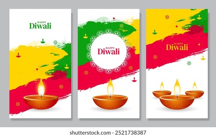 Happy Diwali social media story temlpate set. Diwali festival poster, stories, banner and flyer vector illustration