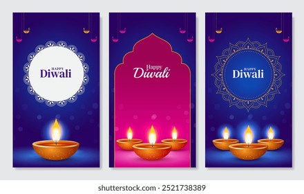 Glückliche Diwali Social-Media-Story-Vorlagen-Set. Diwali Festival Poster, Geschichten, Banner und Flyer, Vektorgrafik