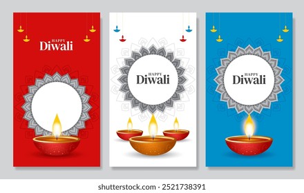 Happy Diwali social media story temlpate set. Diwali festival poster, stories, banner and flyer vector illustration