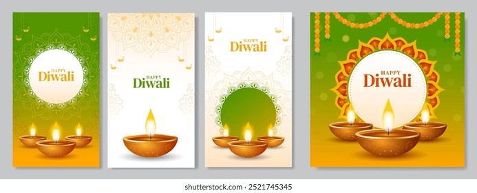 Happy Diwali história de mídia social e pós-modelo definido. Cartaz do festival Diwali, histórias, banner e ilustração de vetor de panfletos