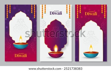 Happy Diwali social media story temlpate set. Diwali festival poster, stories, banner and flyer vector illustration