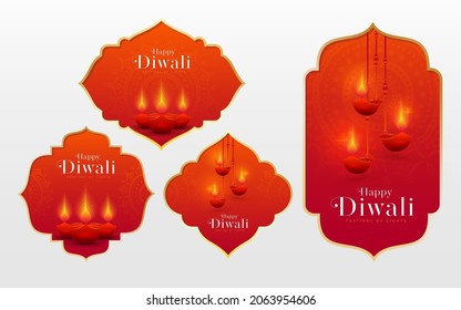 Happy Diwali Sticker Design Template with Creative Diwali Lamps Illustration