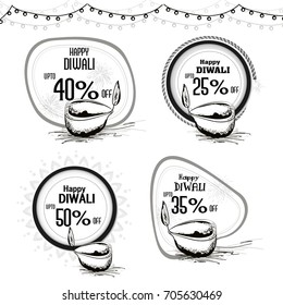 Happy Diwali Stickers with oil lit lamps and discount offers. 