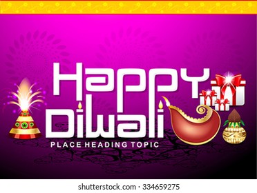 happy diwali text background with cracker & gifts vector illustration 