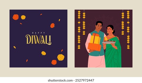 Happy Diwali text with couple celebrating Diwali festival vector illustration, social media post template design, Invitation card design   