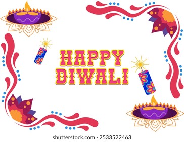 Texto feliz del Diwali con los gráficos de los Elementos del Diwali, diseño festivo perfecto para celebrar el festival de luces y realzar sus decoraciones