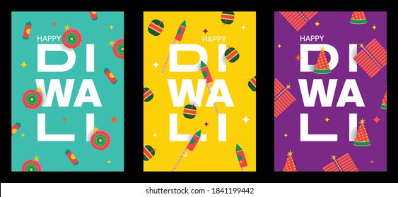 Happy Diwali text with firecracker element in background template set for indian diwali festival 