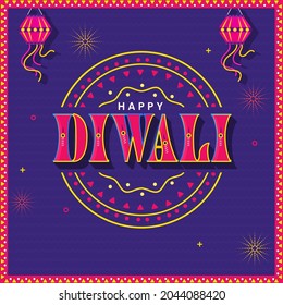 Happy Diwali Text With Hanging Lanterns On Purple Fireworks Background.