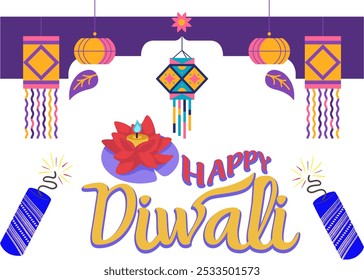 Happy Diwali Text with Hanging Lights, Garland, and Firecracker Graphics, Festive Design Perfect for Celebrating the Festival of Lights and Enhancing Your Decor