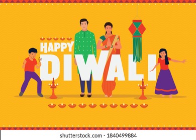 Happy Diwali Text with indian family celebrating diwali festival yellow background template design 