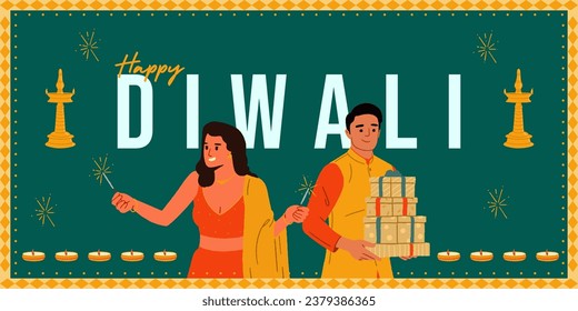 Feliz Diwali texto con una mujer y un hombre indios celebrando el festival Diwali con un cartel digital que muestra elementos del festival indio con dulces y luces