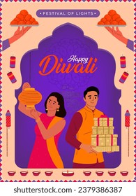 Happy Diwali text with Indian woman and man celebrating Diwali festival digital banner showing Indian festival elements with sweets and lights