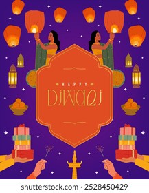 Texto feliz de Diwali con una mujer india que sostiene una linterna festiva y la Ilustración vectorial de los Elementos del festival para el diseño de la Plantilla del poste de los medios sociales de Diwali 