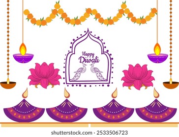 Happy Diwali Text with Lotus, Featuring Diwali Halftone, Hanging Diyas, and Flowers Graphics, Festive Design Perfect for Celebrating the Festival of Lights and Enhancing Your Decor