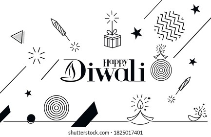 Feliz texto Diwali con diseño de petardos Rocket. Ilustración del vector de pancartas de afiches.